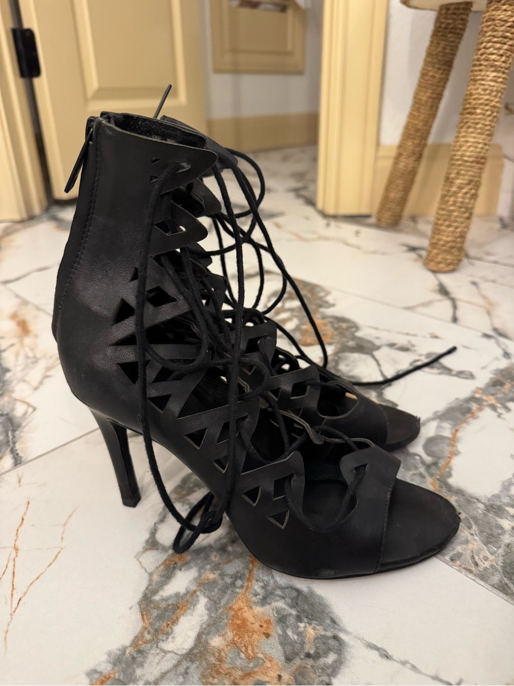 Joie Black Leather Lace-Up Cutout High Heel Sandals